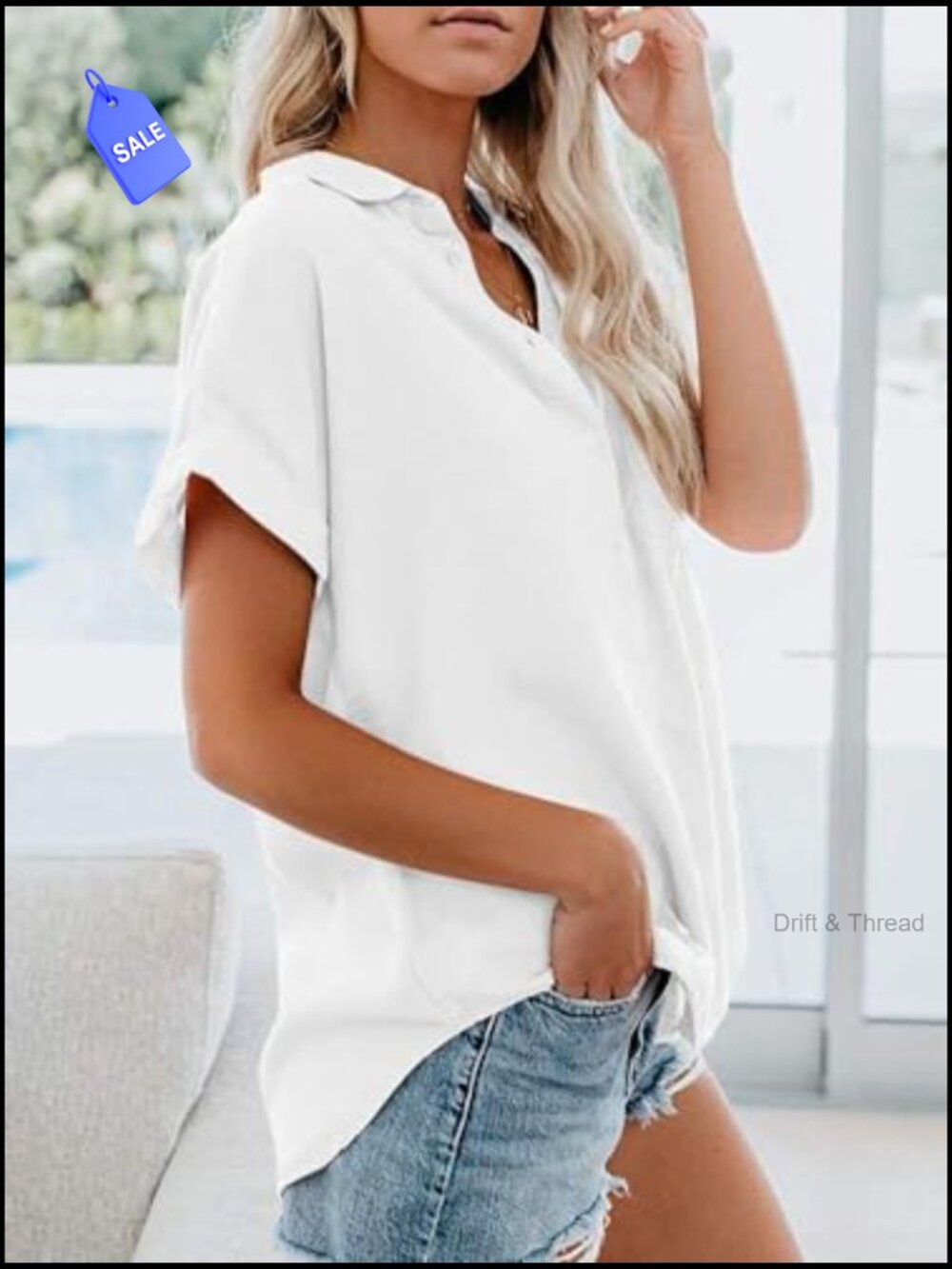 Short Sleeve Oversized Cotton Button Down Shirt with Pocket - Picture 2 of 6